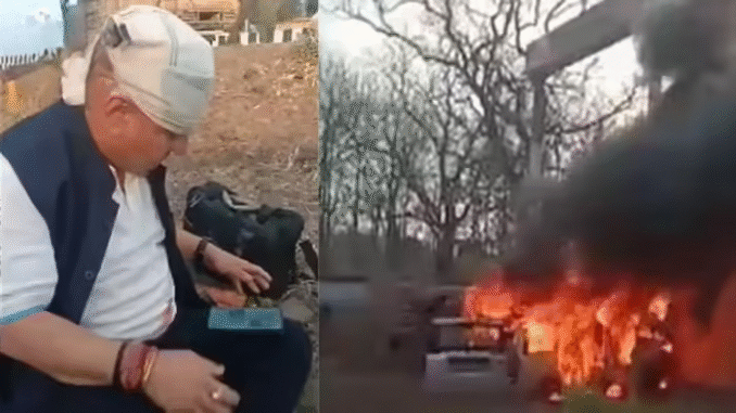 गाय को बचाने के प्रयास में दीवार से टकराई विधायक योगेंद्र सिंह बाबा की एसयूवी, लगी आग